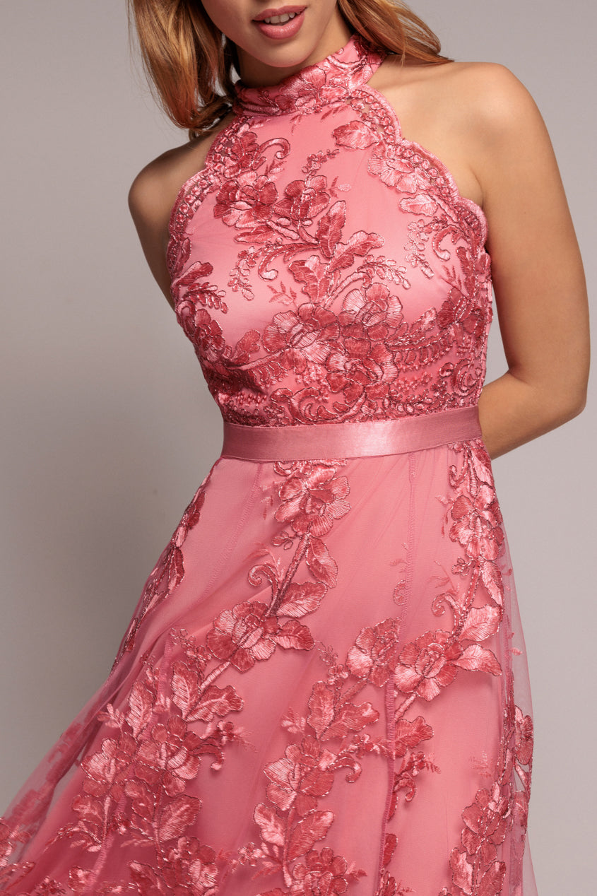 Halter Neck Lace High And Low Dress - Coral DR3346QZ