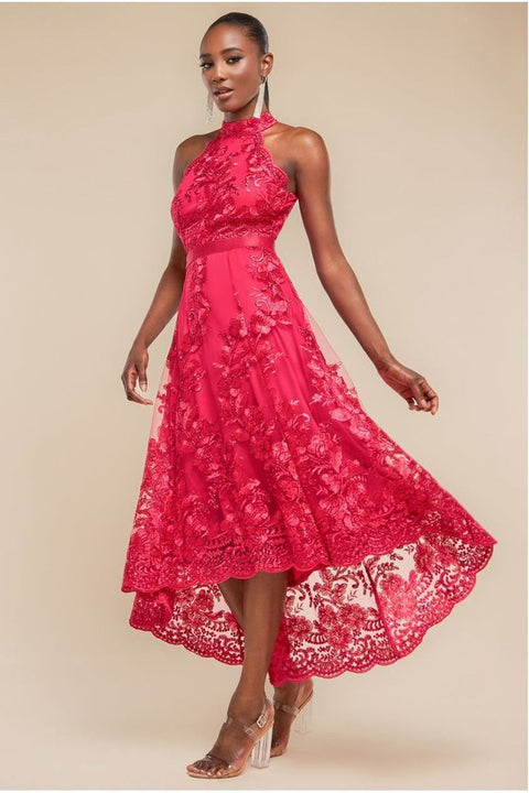 Halter Neck Lace High And Low Dress - Magenta by Goddiva