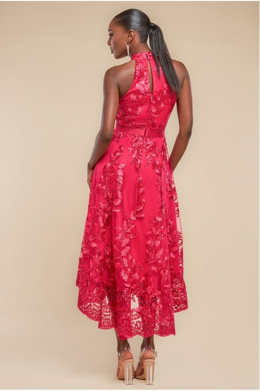 Halter Neck Lace High And Low Dress - Magenta DR3346QZ