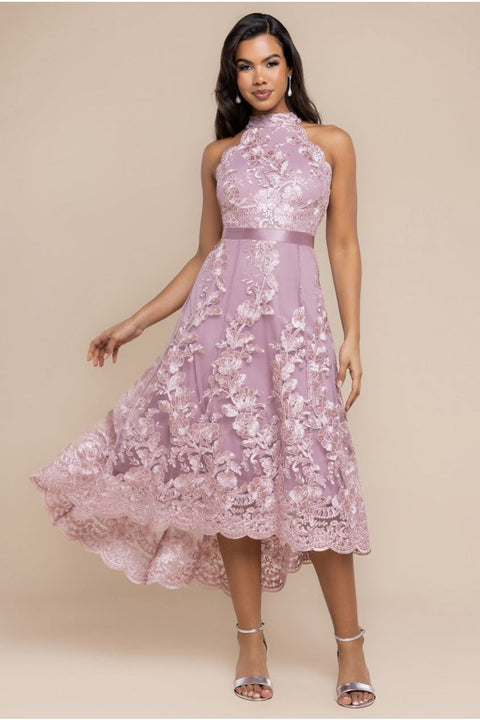 Halter Neck Lace High And Low Dress - Pink by Goddiva