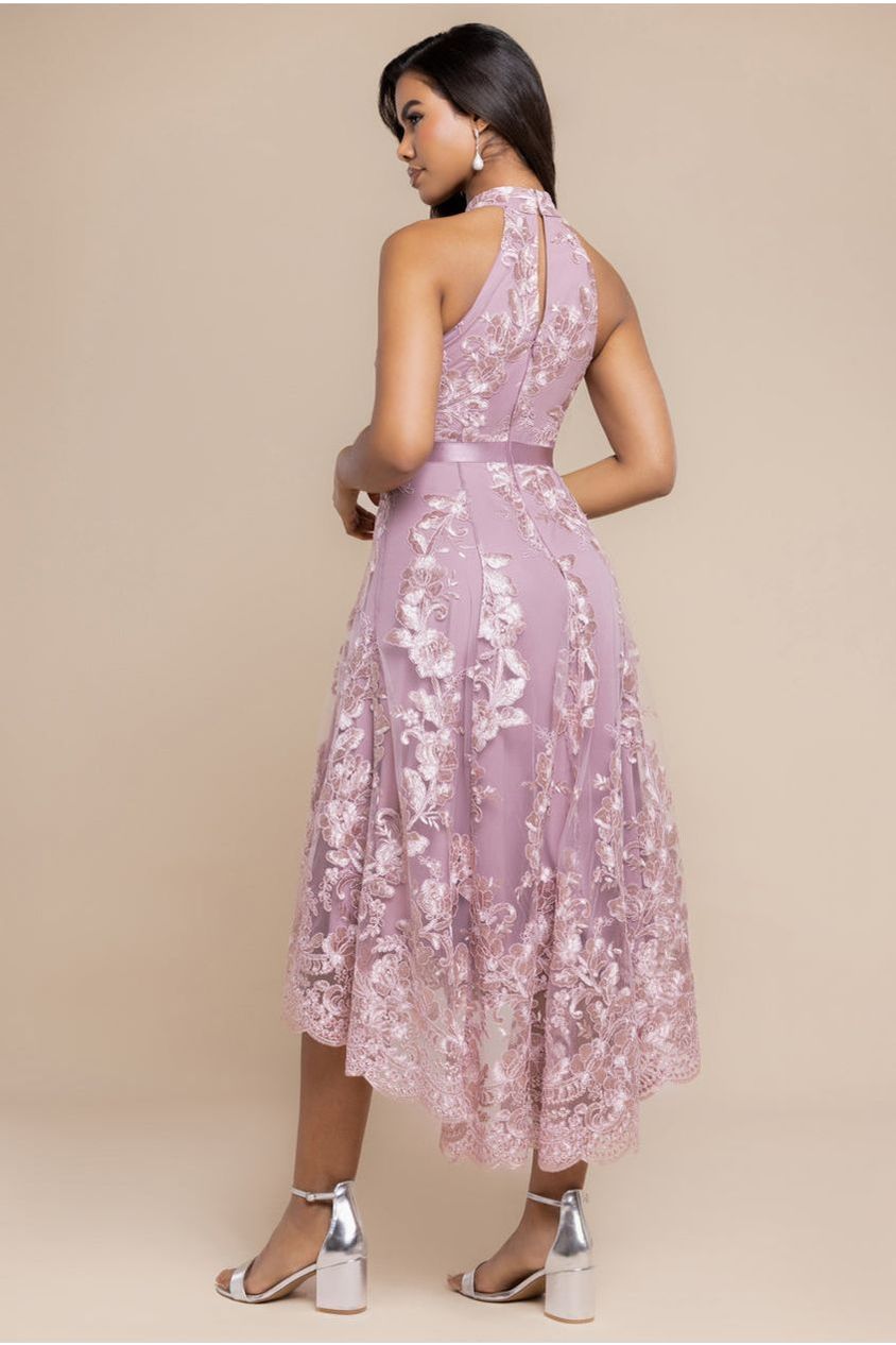 Halter Neck Lace High And Low Dress - Pink DR3346QZ