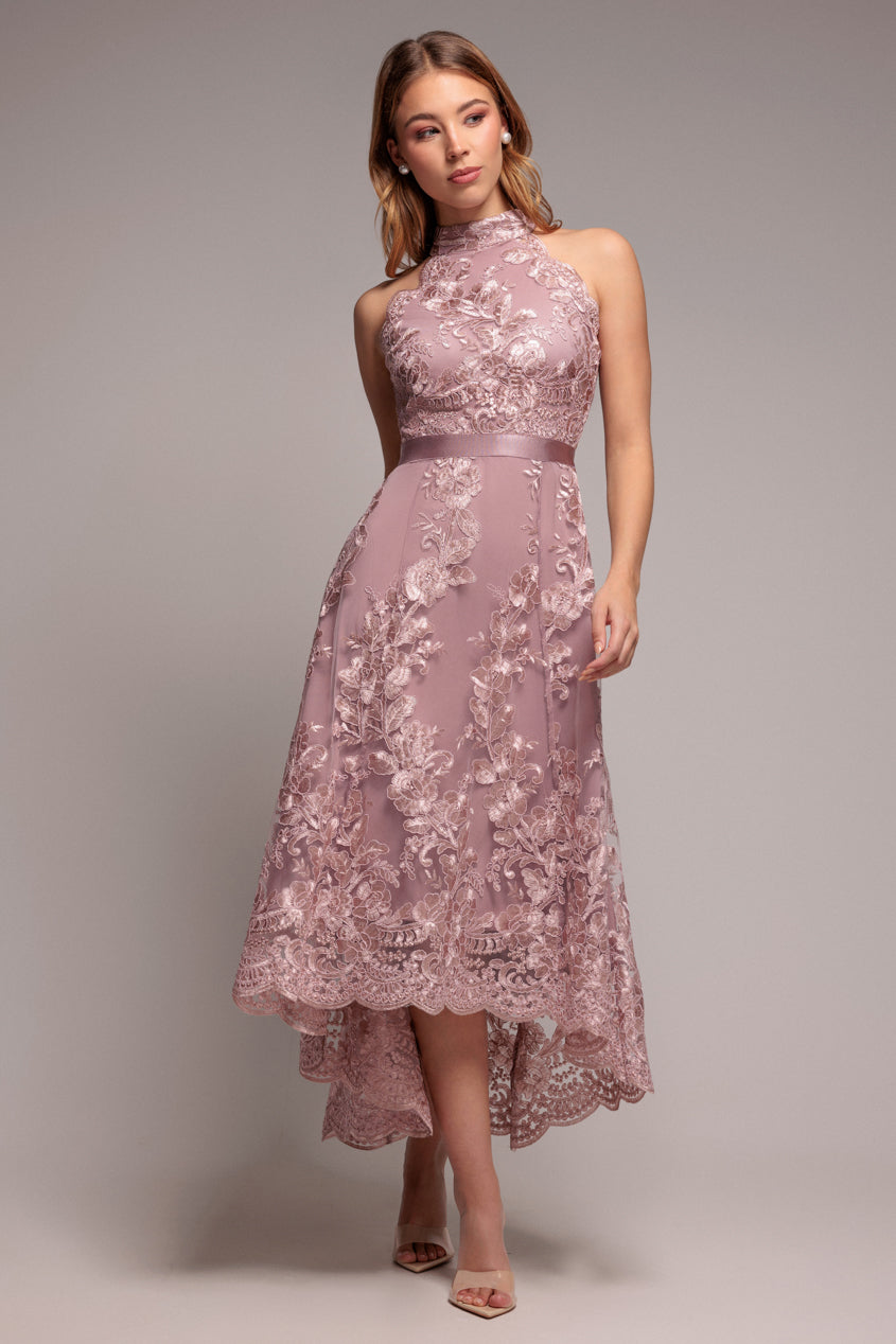 Halter Neck Lace High And Low Dress - Pink DR3346QZ