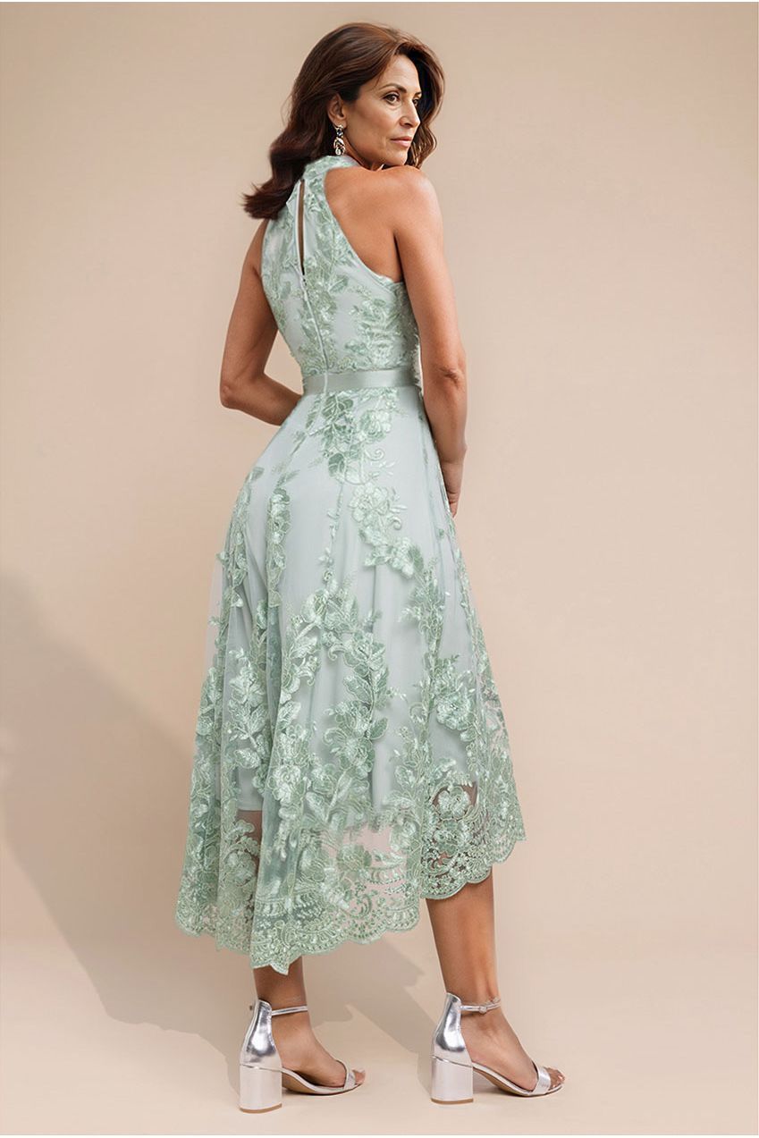 Halter Neck Lace High And Low Dress - Sage Green DR3346M