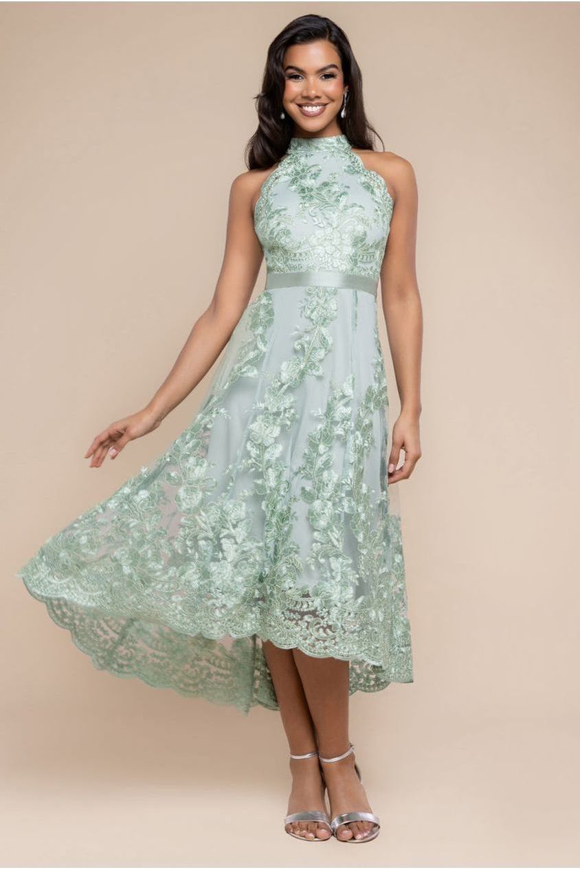 Halter Neck Lace High And Low Dress - Sage Green DR3346QZ