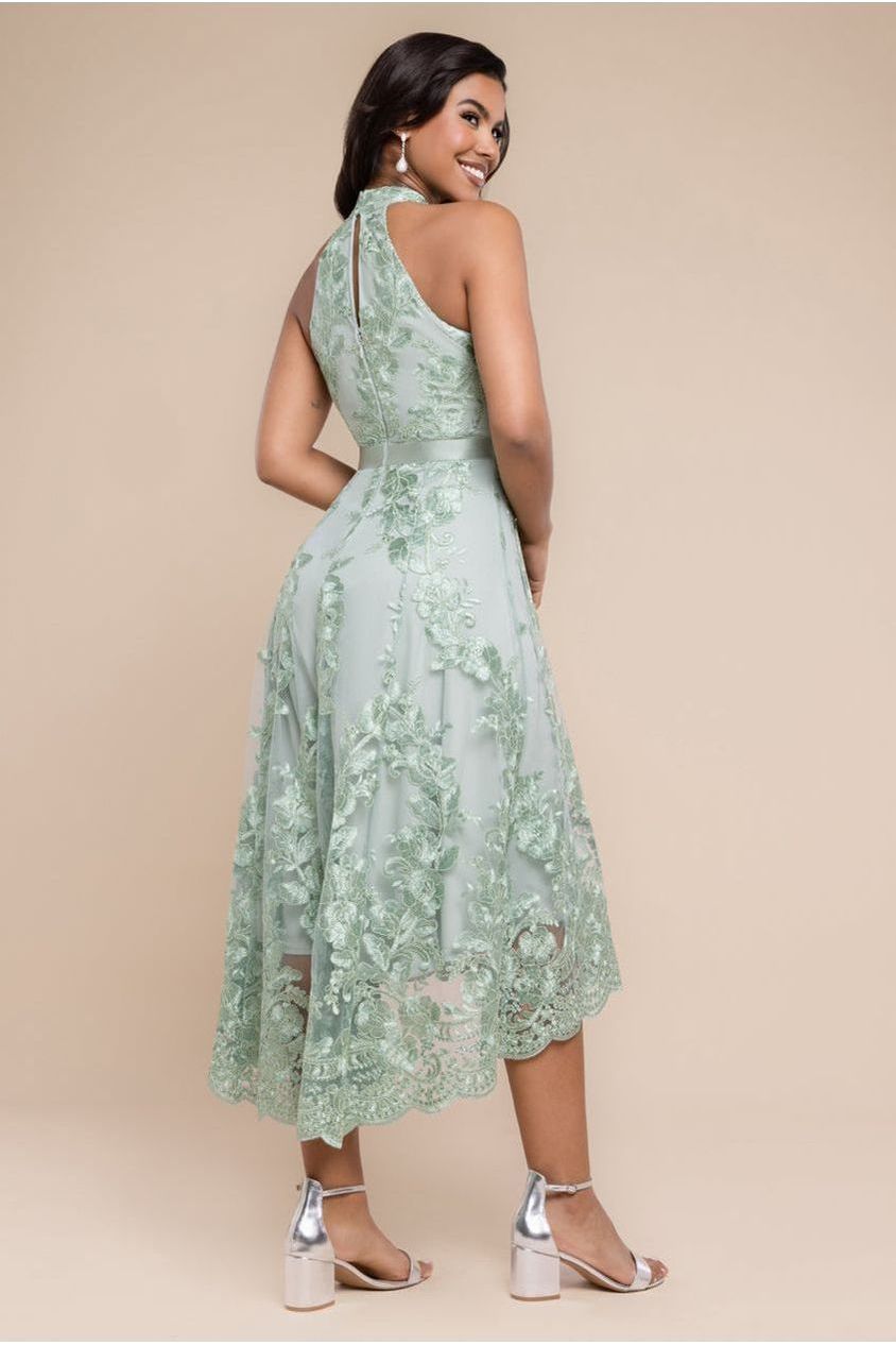 Halter Neck Lace High And Low Dress - Sage Green DR3346QZ