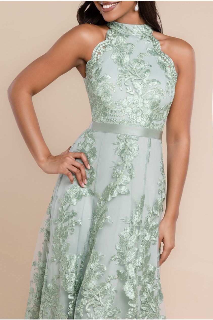 Halter Neck Lace High And Low Dress - Sage Green DR3346QZ