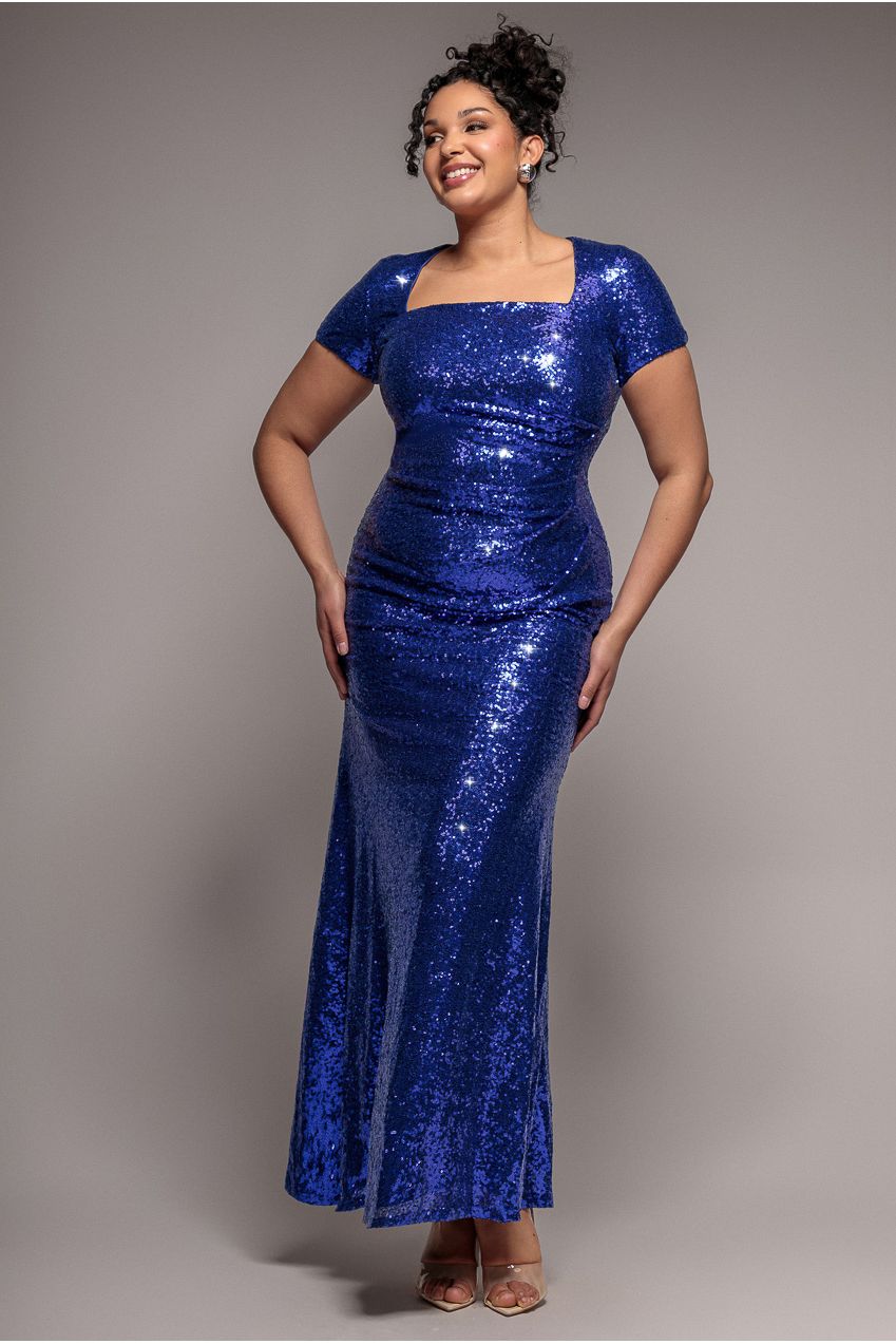 Sequin Portrait Neckline Maxi Dress - Royal Blue DR335P