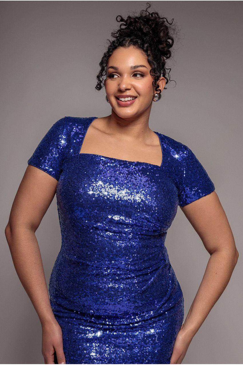 Sequin Portrait Neckline Maxi Dress - Royal Blue DR335P