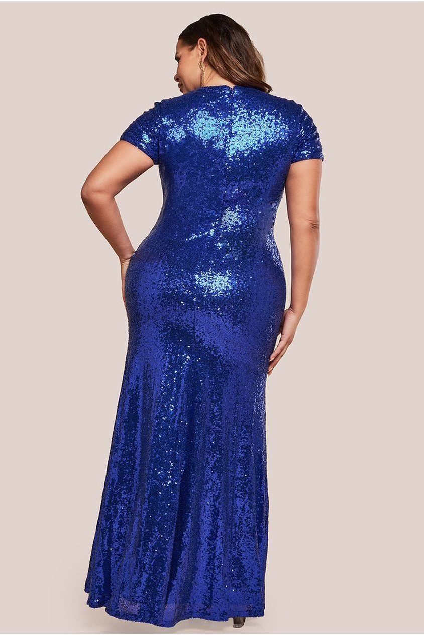 Sequin Portrait Neckline Maxi Dress - Royal Blue DR335P