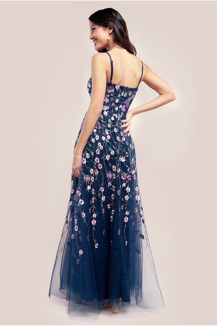 Sleeveless Floral Mesh Maxi Dress - Navy DR3404
