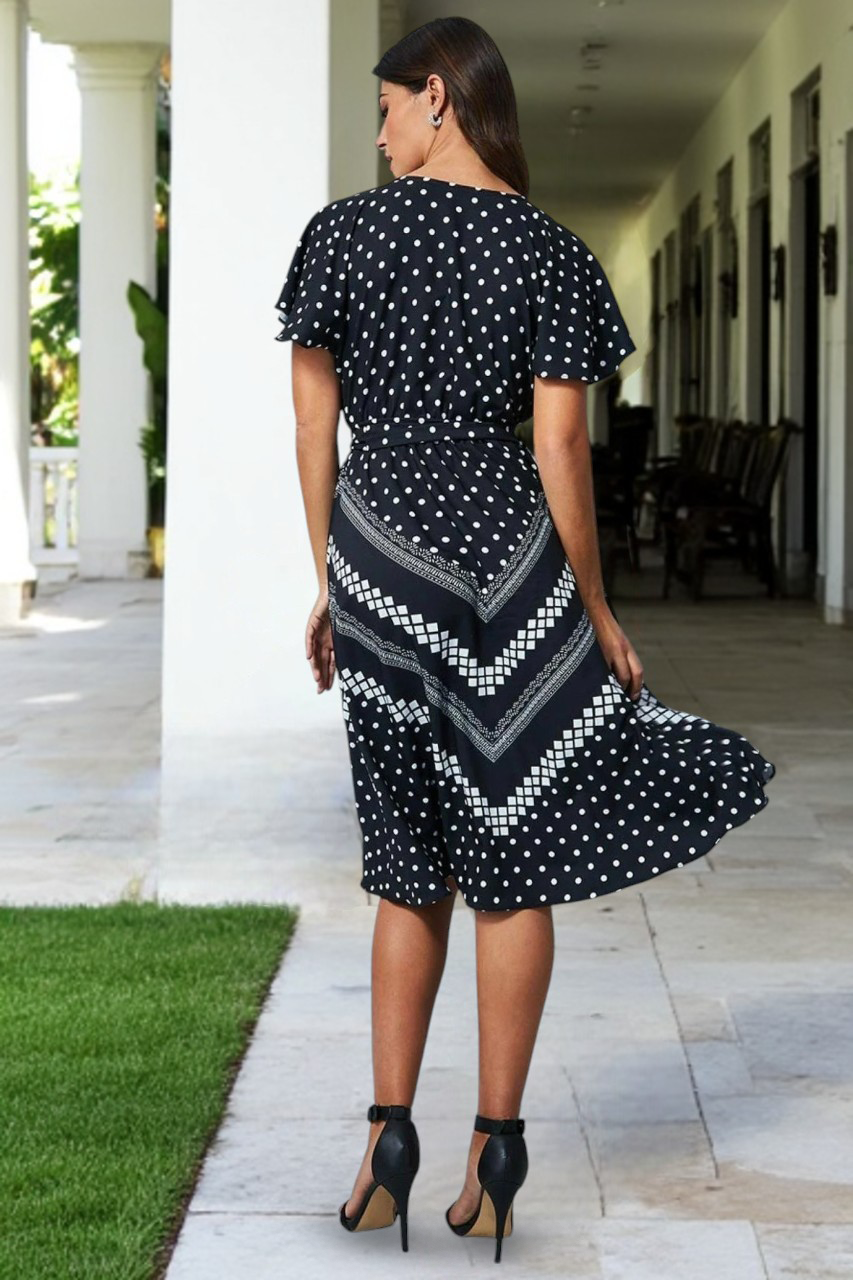 Wrap Style Flutter Sleeve Midi Dress - Black DR3415