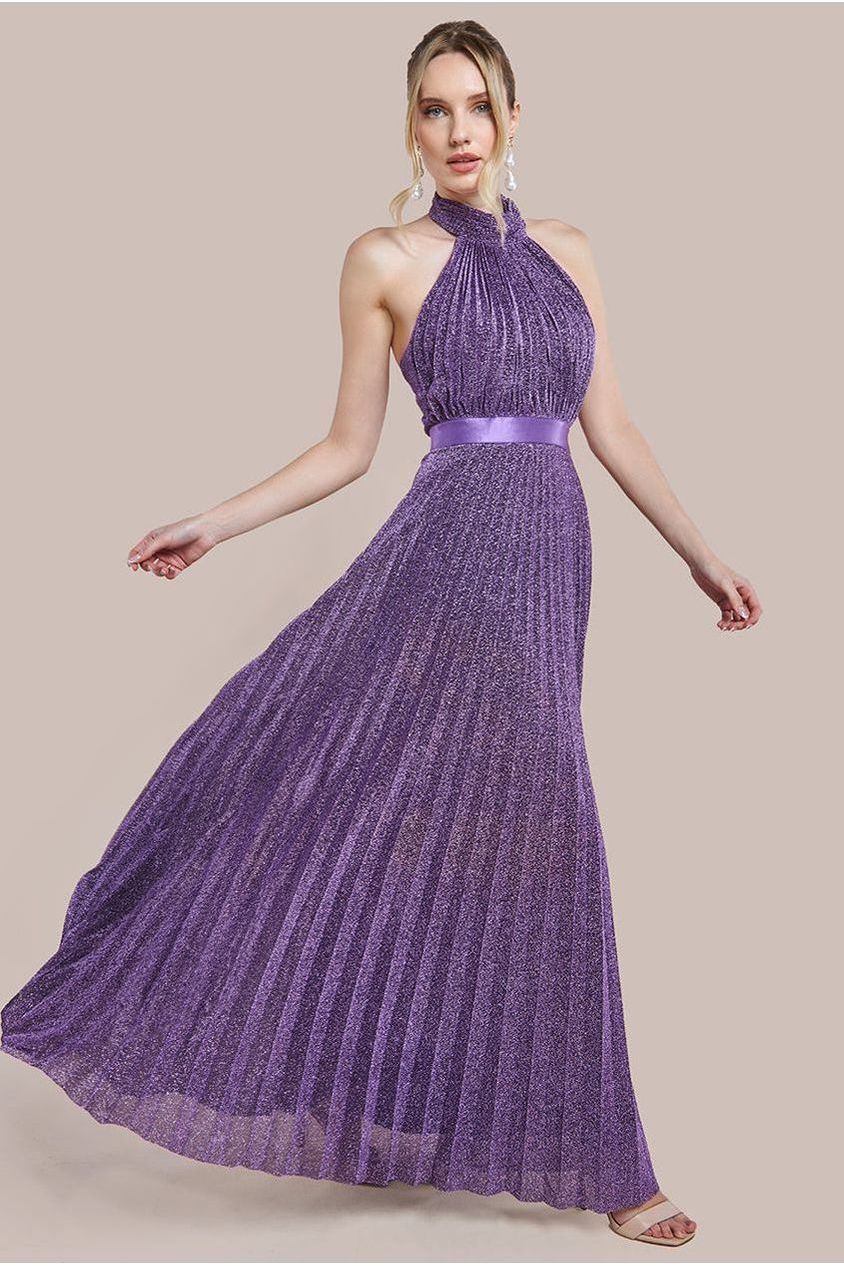 Lurex Halterneck Pleated Maxi Dress - Purple DR3429