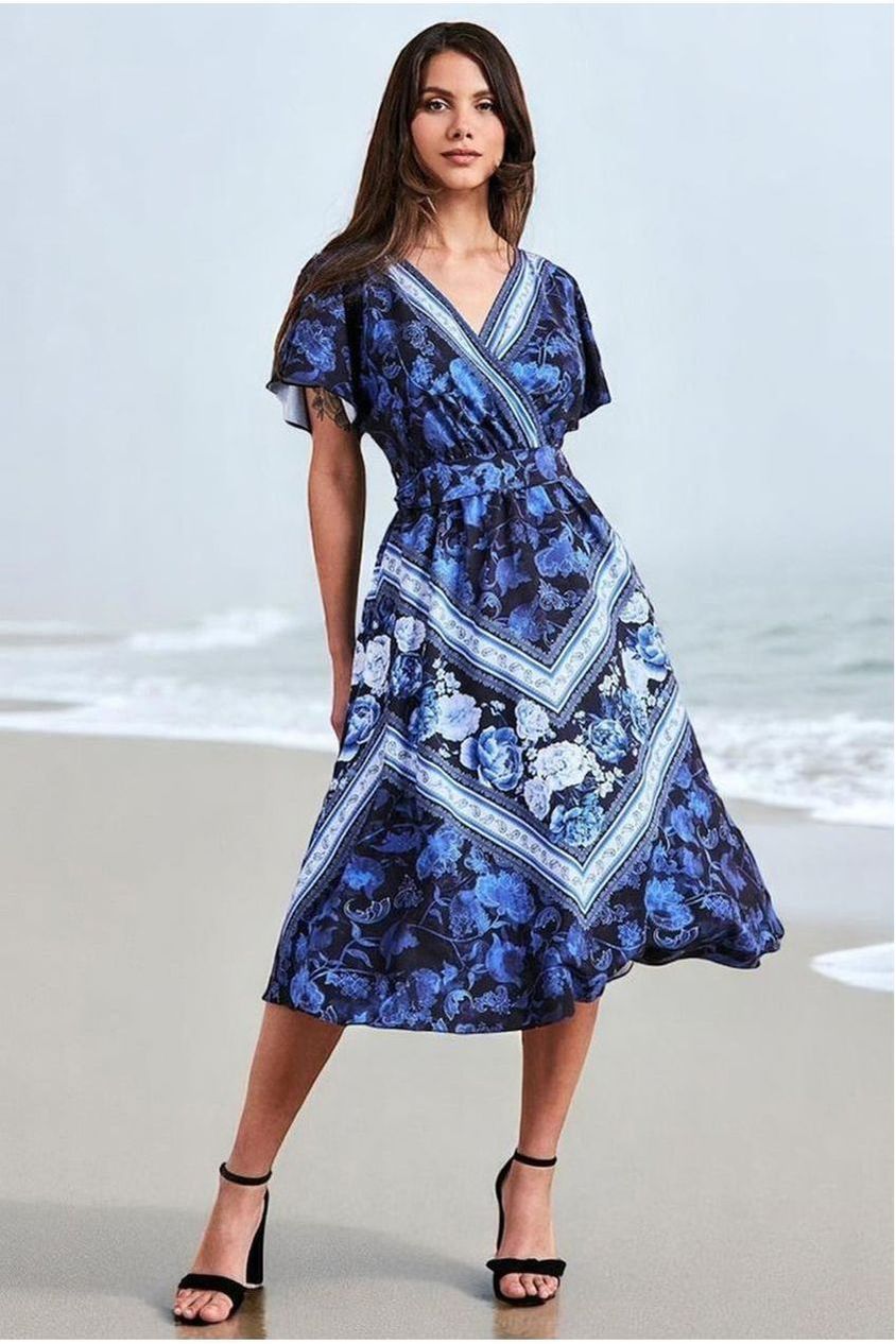 Flutter Sleeve Wrap Style Midi Dress - Navy DR3432