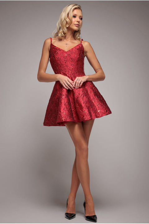Jacquard Sleeveless A-line Mini Dress - Red by Goddiva