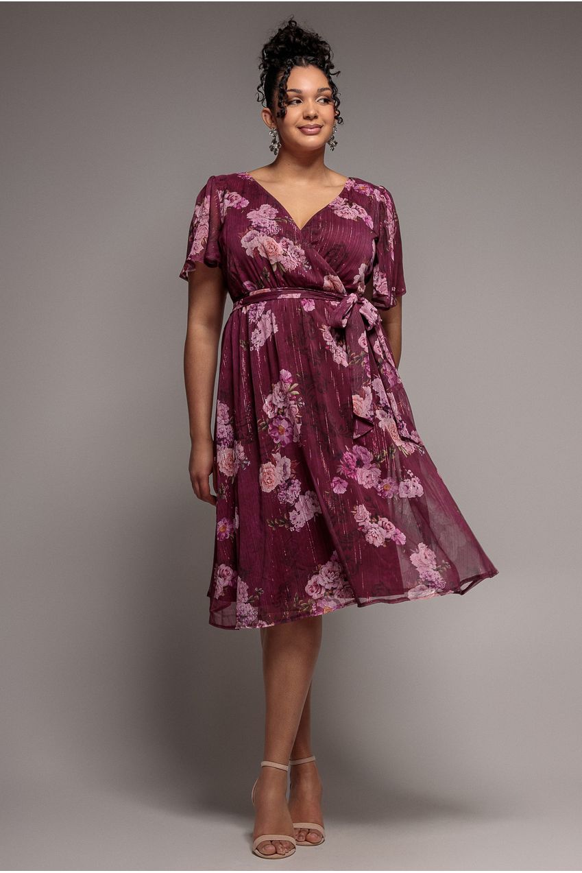 Floral Print Wrap Chiffon Midi Dress - Berry Floral DR3435PQZ