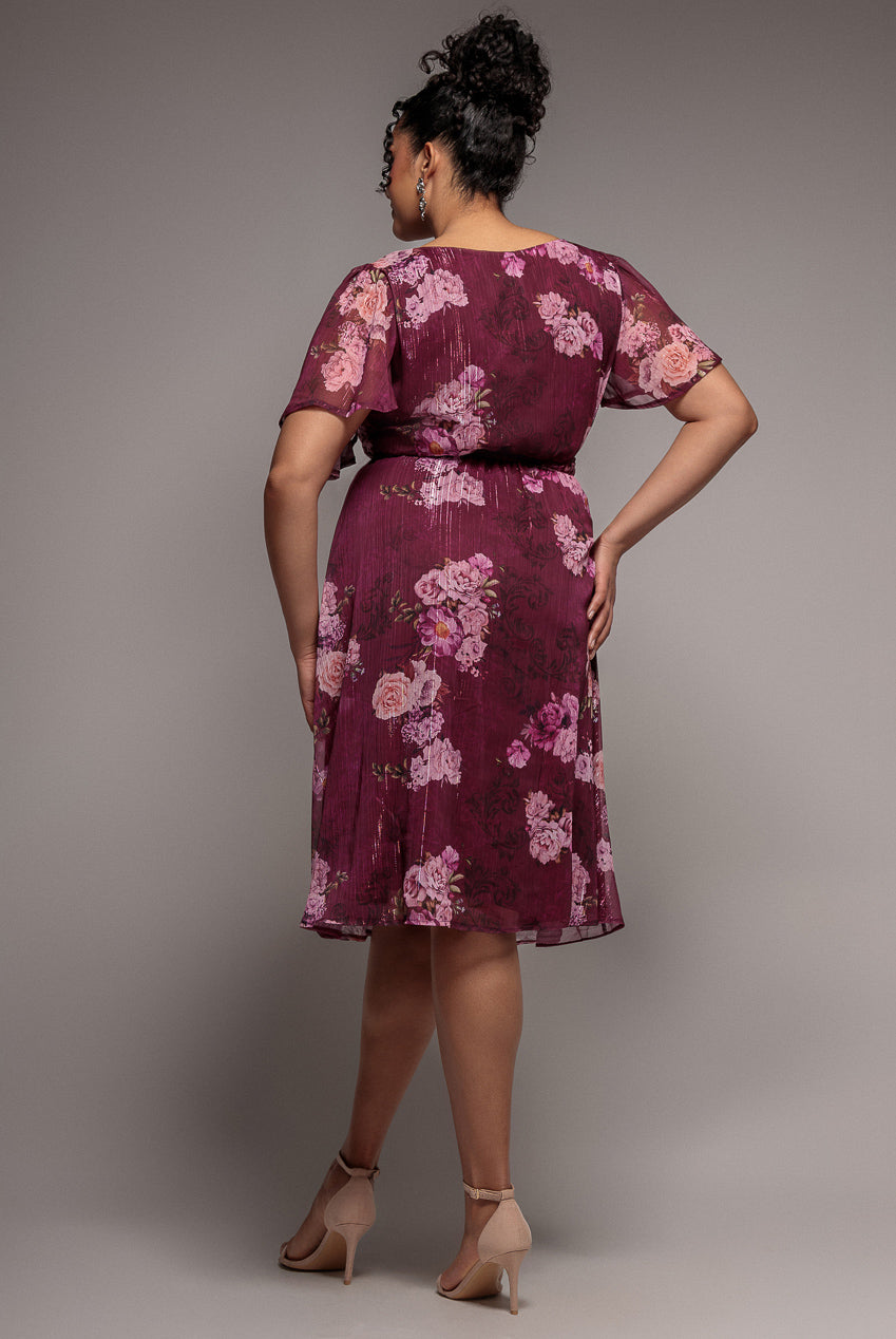 Floral Print Wrap Chiffon Midi Dress - Berry Floral DR3435PQZ