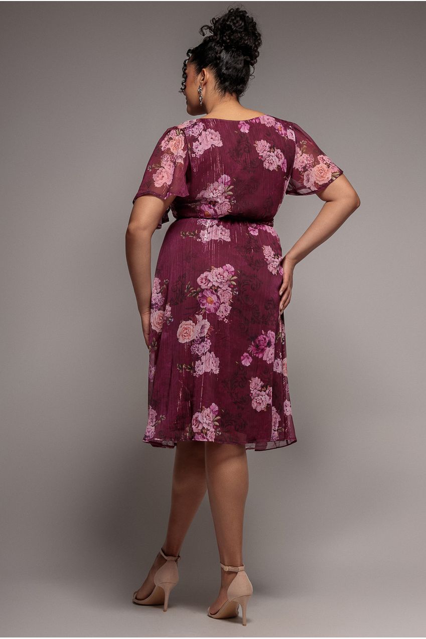Floral Print Wrap Chiffon Midi Dress - Berry Floral DR3435PQZ