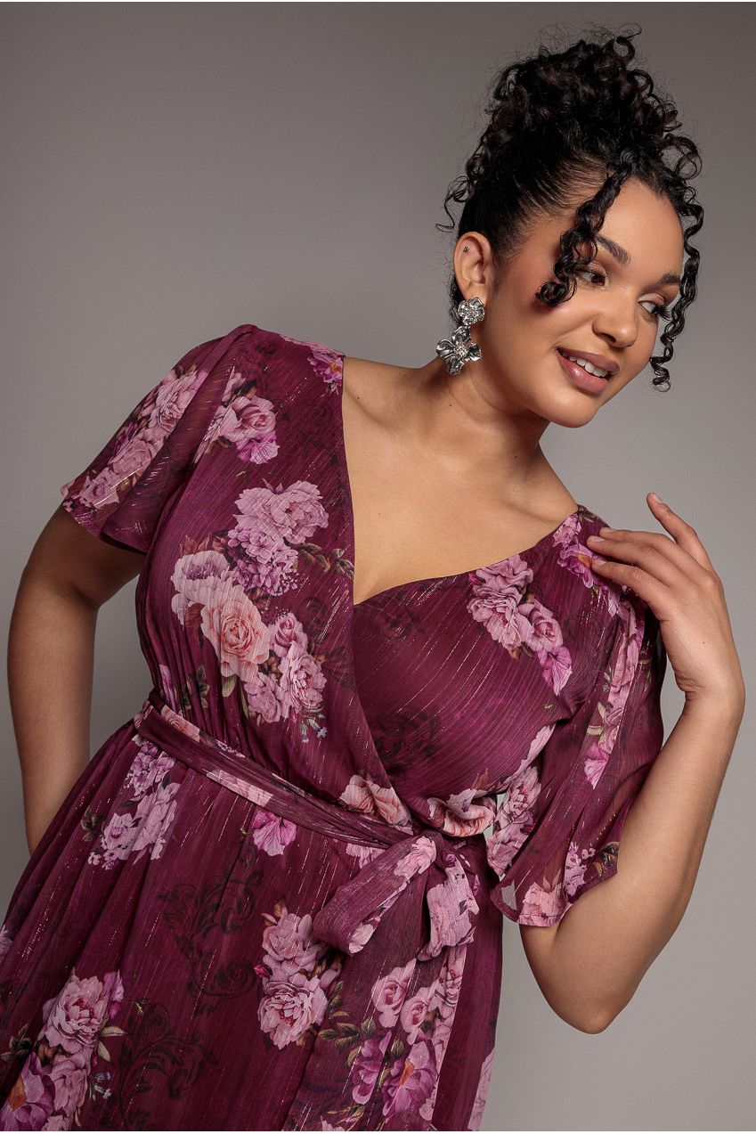 Floral Print Wrap Chiffon Midi Dress - Berry Floral DR3435PQZ