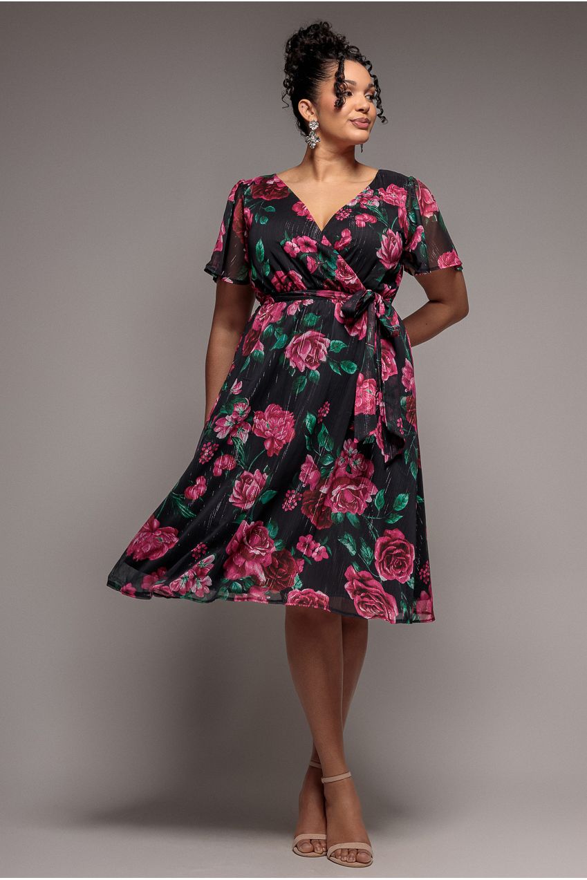 Floral Print Wrap Chiffon Midi Dress - Black Floral DR3435PQZ