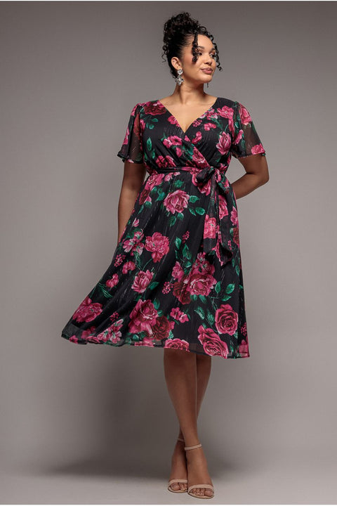 Floral Print Wrap Chiffon Midi Dress - Black Floral by Goddiva Plus