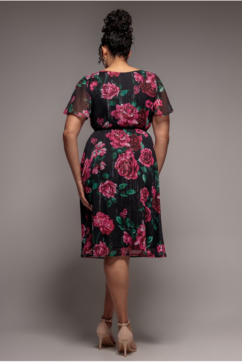 Floral Print Wrap Chiffon Midi Dress - Black Floral DR3435PQZ