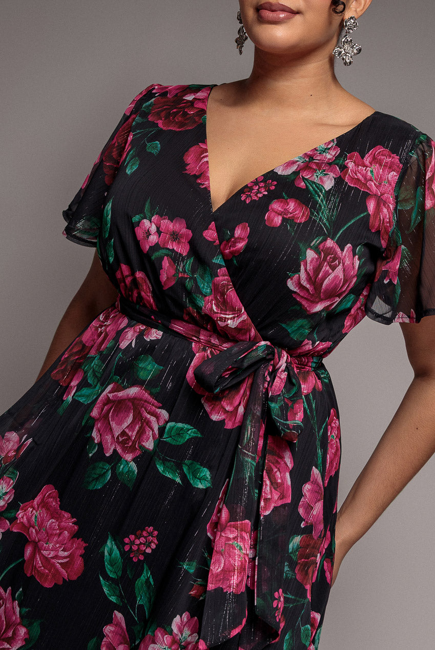 Floral Print Wrap Chiffon Midi Dress - Black Floral DR3435PQZ