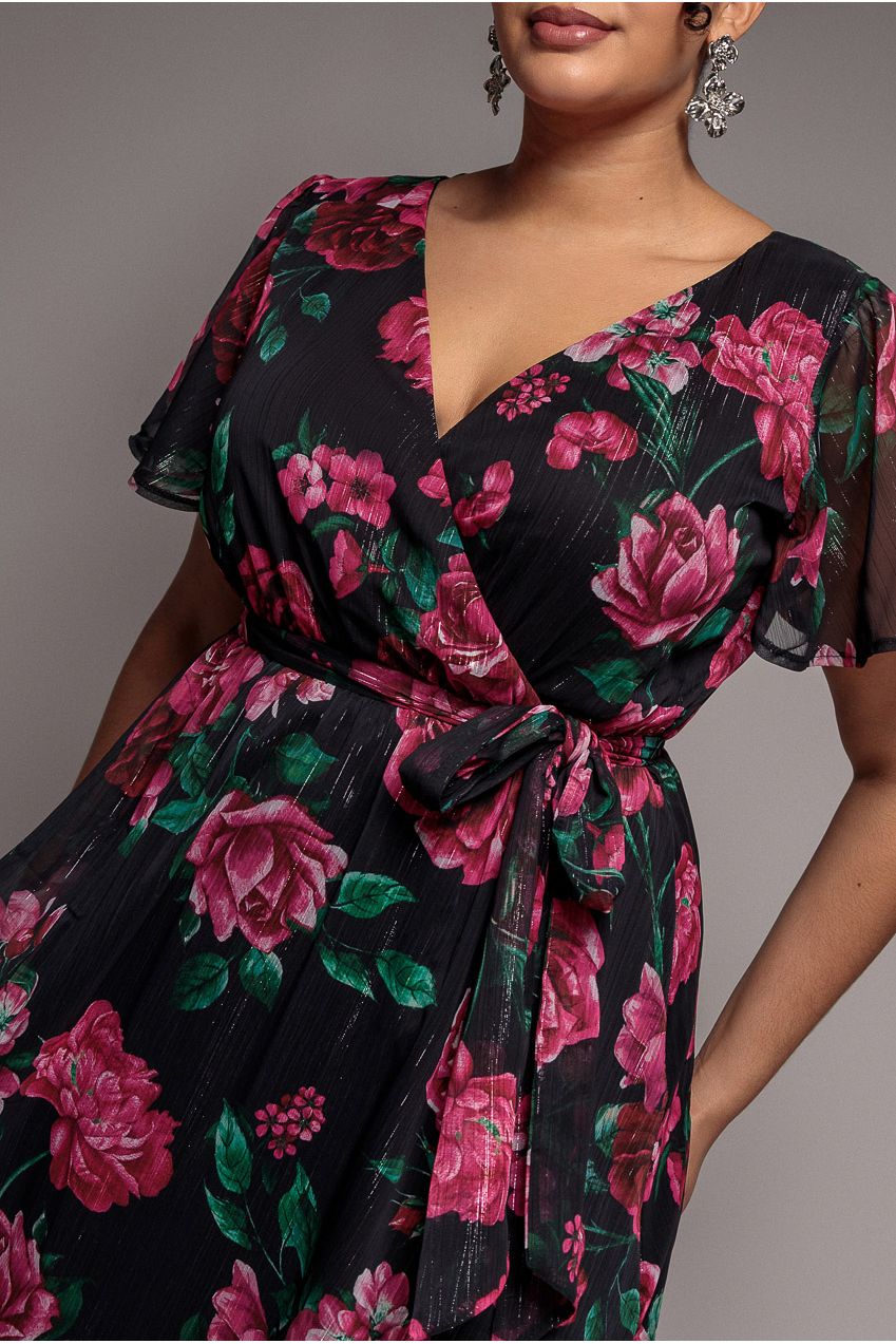 Floral Print Wrap Chiffon Midi Dress - Black Floral DR3435PQZ