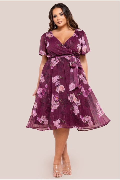 Floral Print Wrap Chiffon Midi Dress - Berry Floral by Goddiva Plus