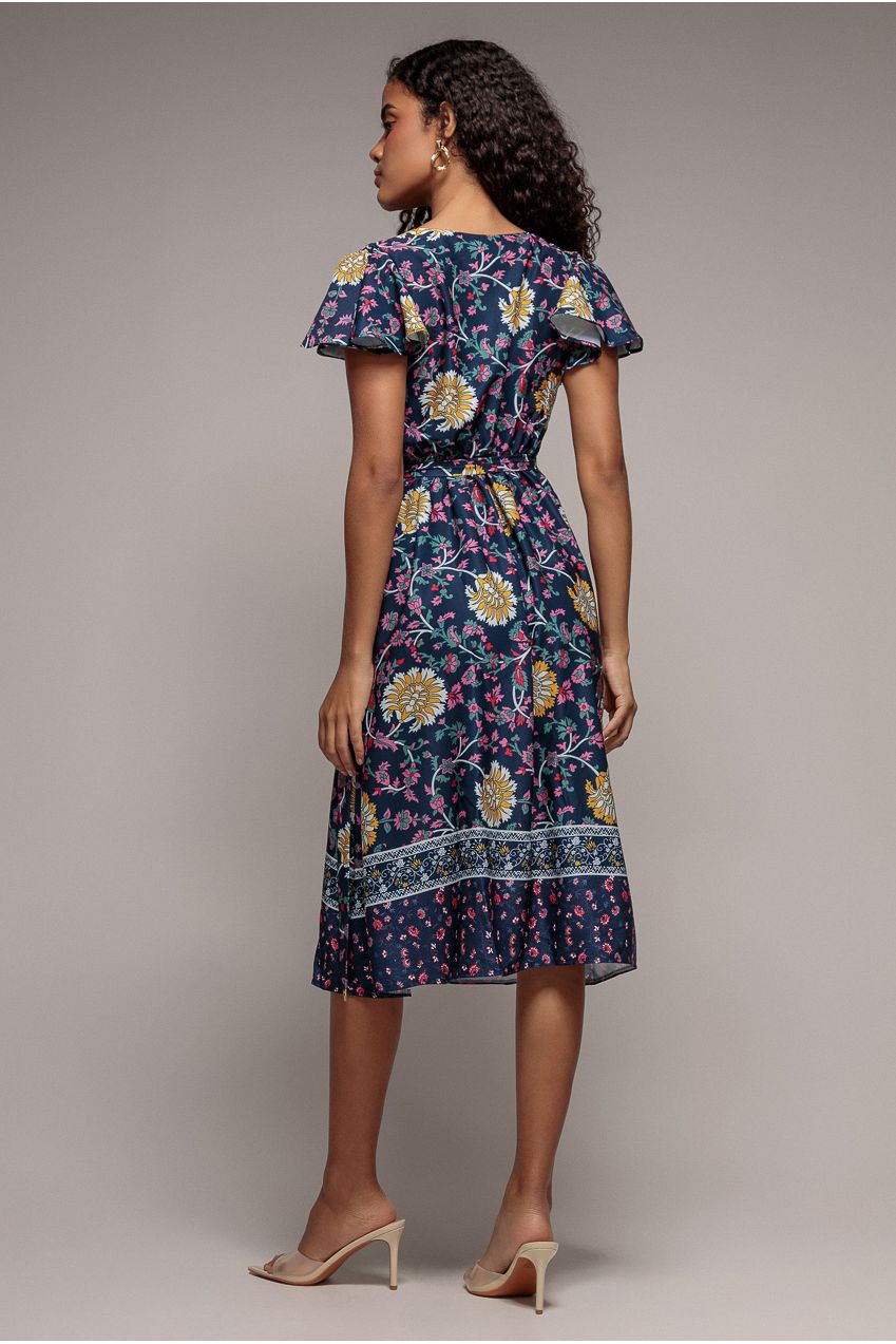 Floral Print Wrap Midi With Flutter Sleeves - Navy Print DR3440