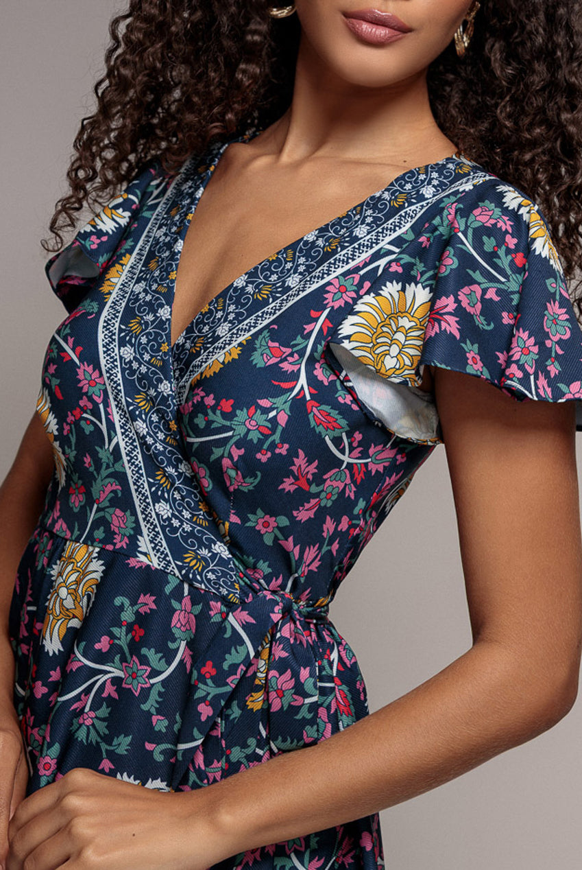 Floral Print Wrap Midi With Flutter Sleeves - Navy Print DR3440