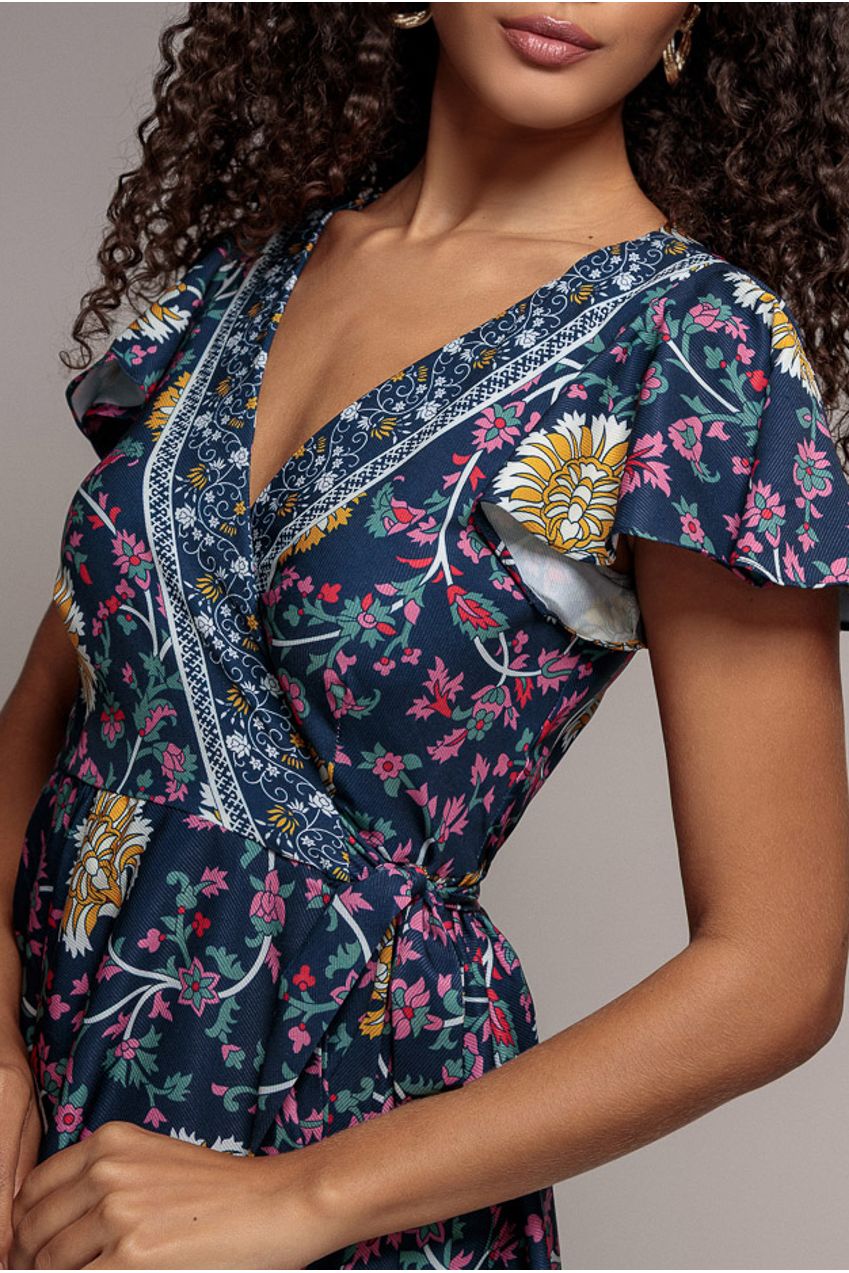 Floral Print Wrap Midi With Flutter Sleeves - Navy Print DR3440