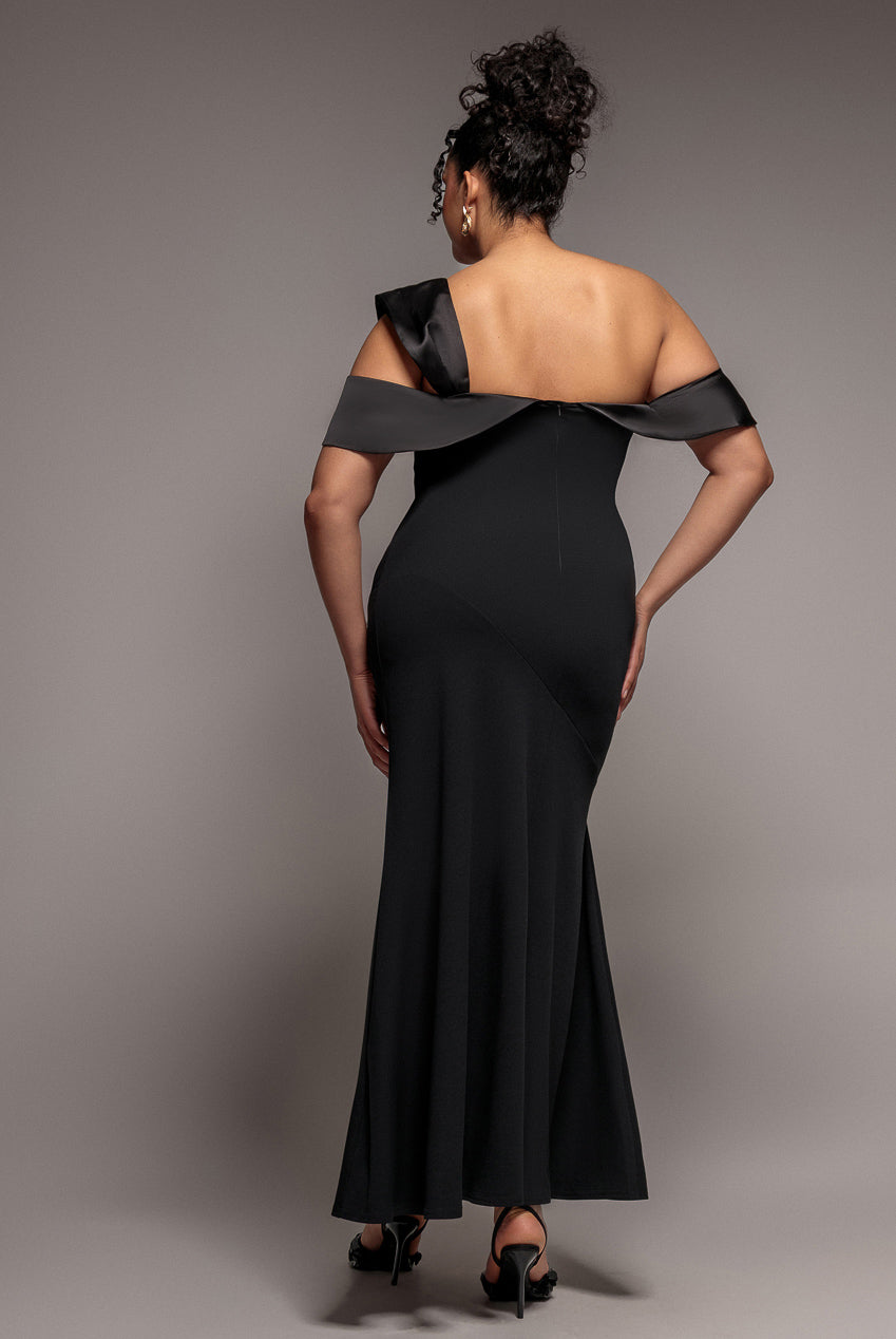 One Shoulder Satin Band Maxi Dress - Black DR3454PLUS
