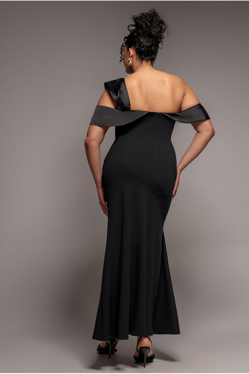 One Shoulder Satin Band Maxi Dress - Black DR3454PLUS