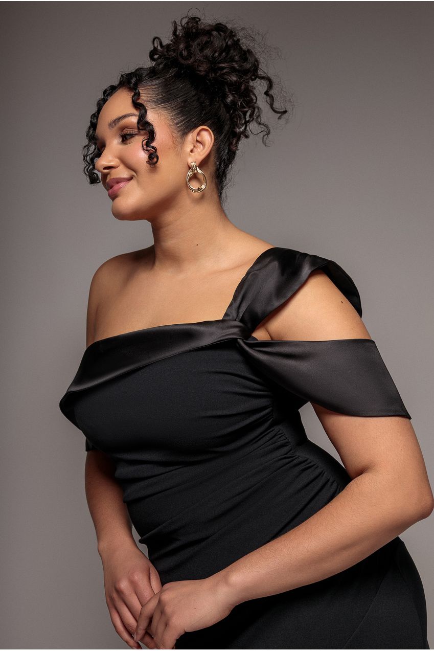One Shoulder Satin Band Maxi Dress - Black DR3454PLUS