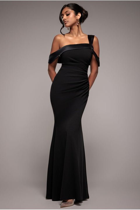 One Shoulder Satin Band Maxi Dress - Black by Goddiva