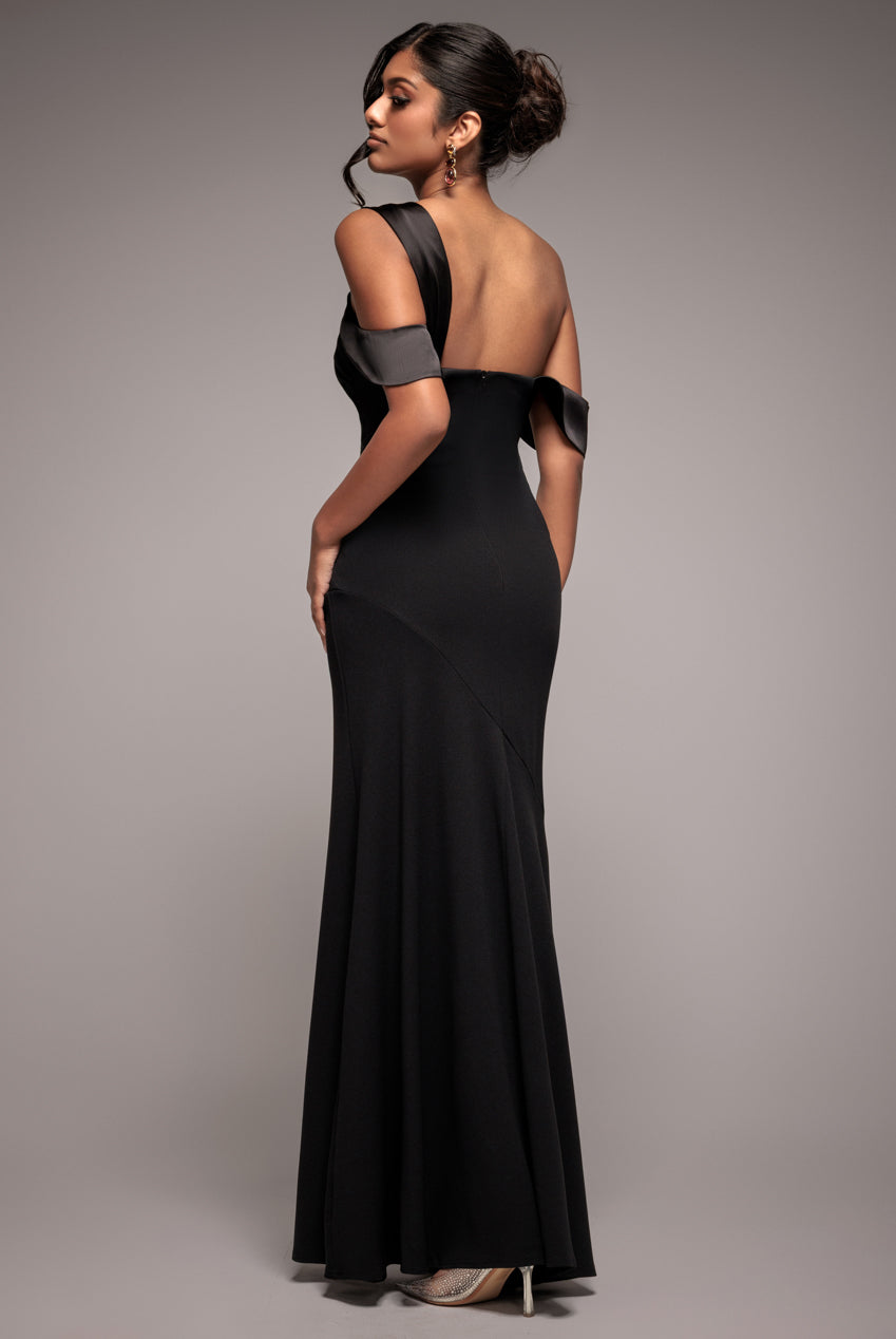 One Shoulder Satin Band Maxi Dress - Black DR3454