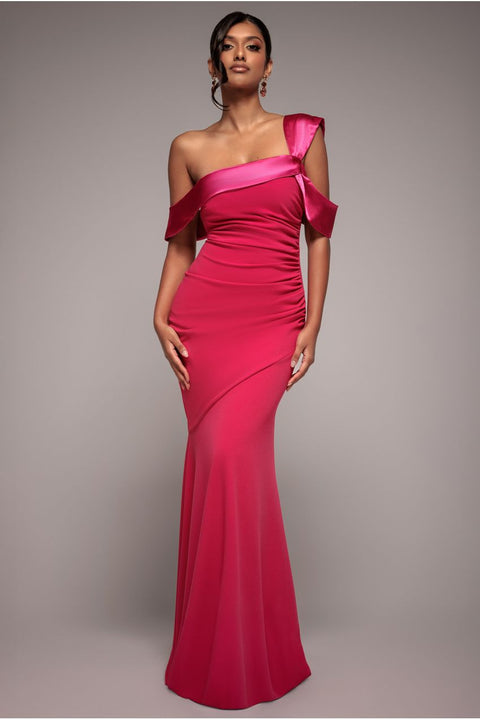One Shoulder Satin Band Maxi Dress - Magenta by Goddiva