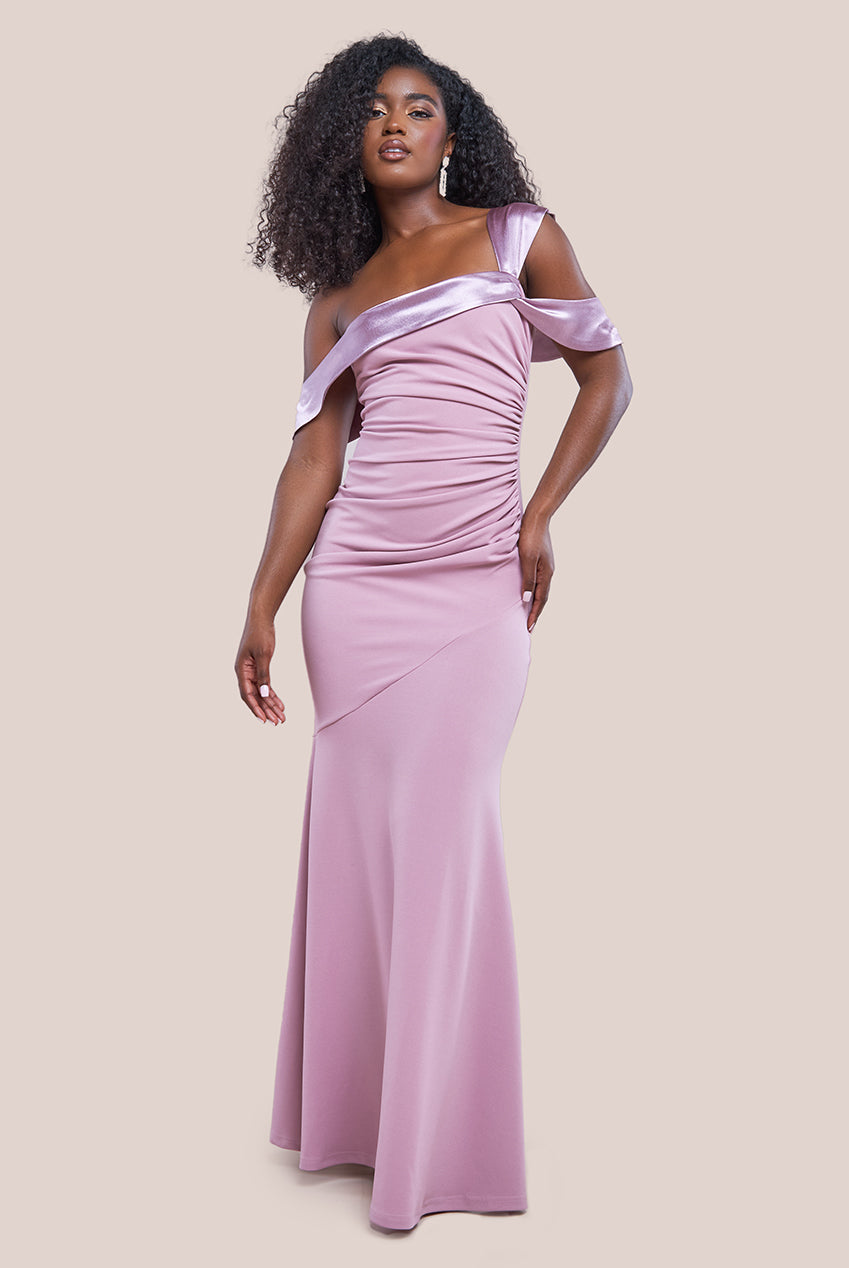 One Shoulder Satin Band Maxi Dress - Rose Pink DR3454