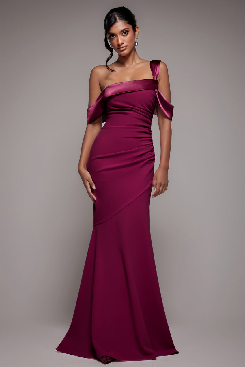 One Shoulder Satin Band Maxi Dress - Burgundy DR3454