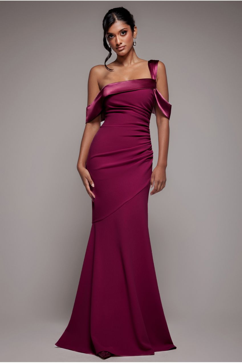 One Shoulder Satin Band Maxi Dress - Burgundy DR3454
