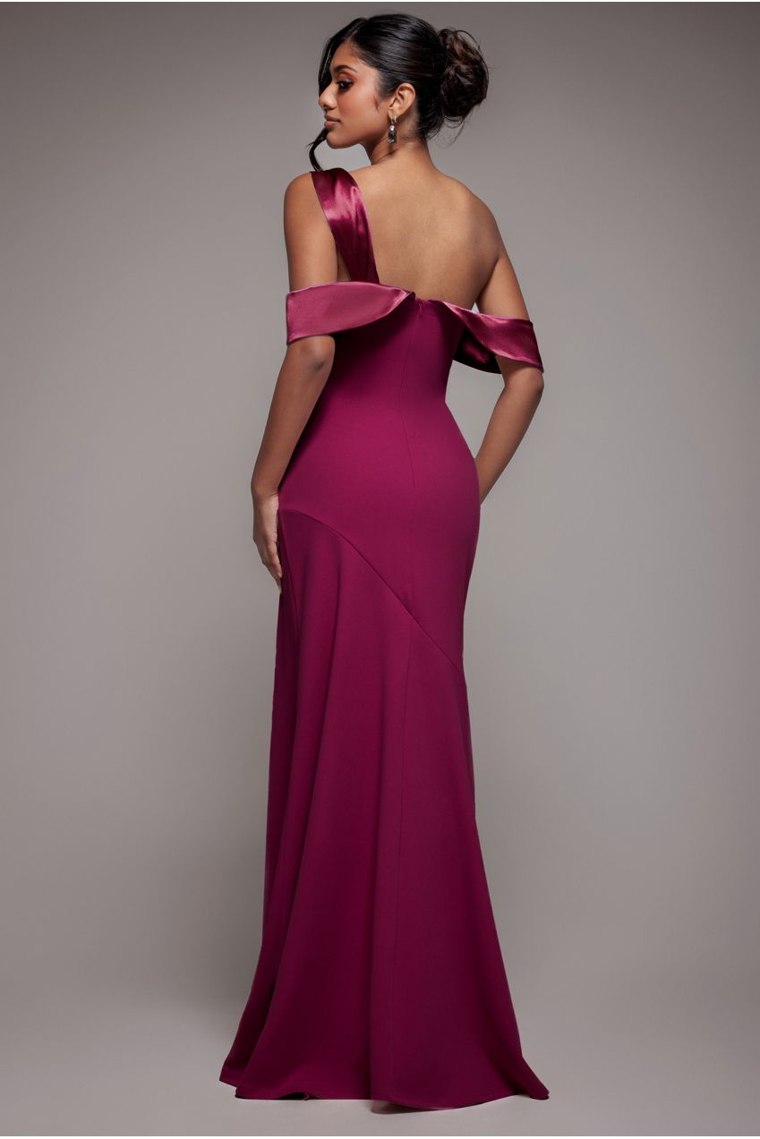 One Shoulder Satin Band Maxi Dress - Burgundy DR3454