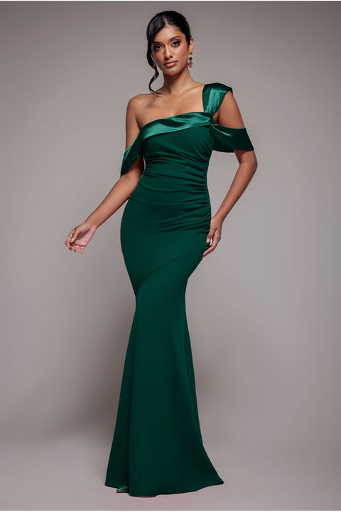 One Shoulder Satin Band Maxi Dress - Emerald Green by Goddiva