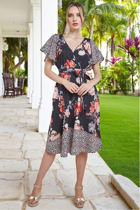 Flutter Sleeve Printed Midi Dress - Leopard Print by Goddiva