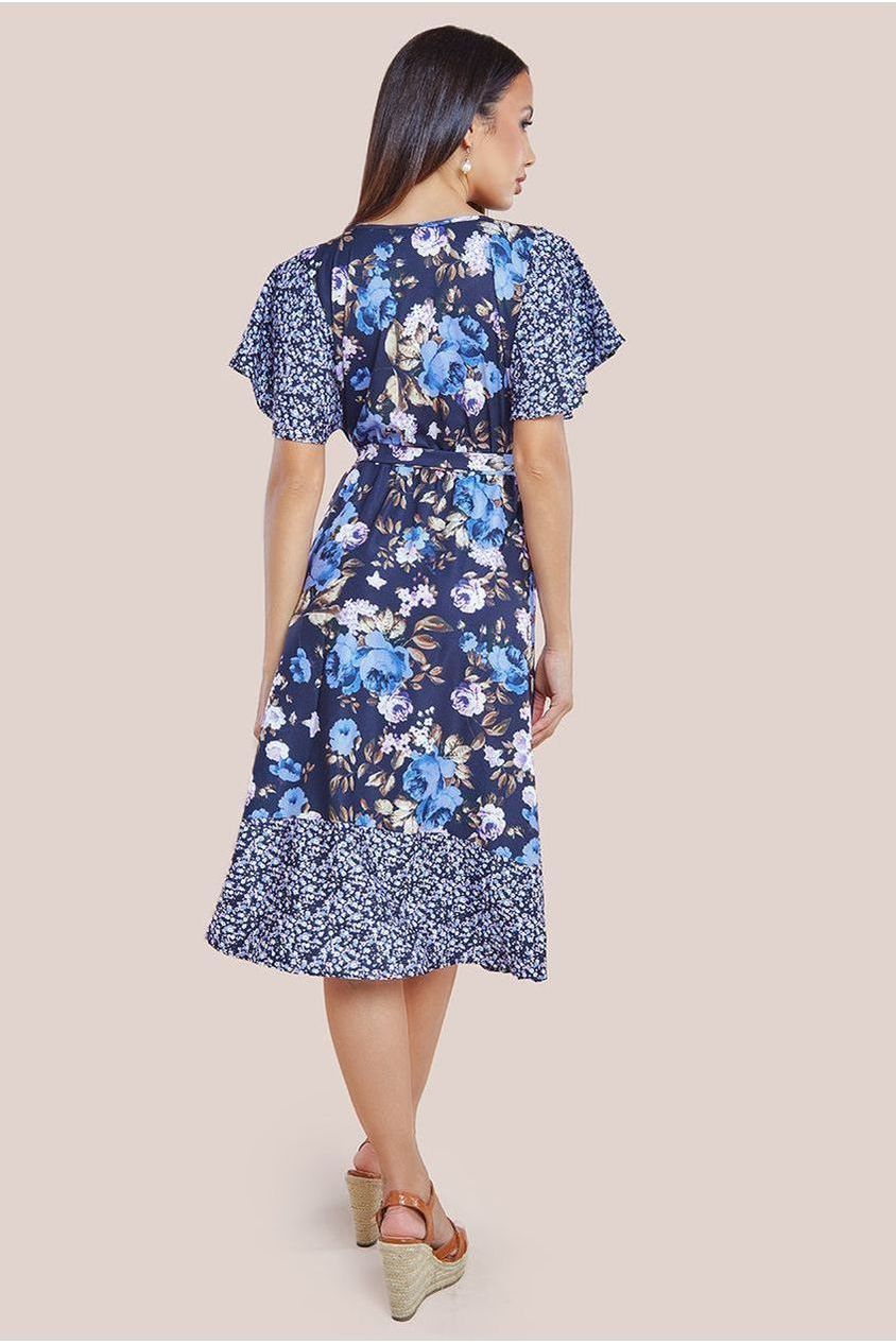 Flutter Sleeve Printed Midi Dress - Navy Print DR3462