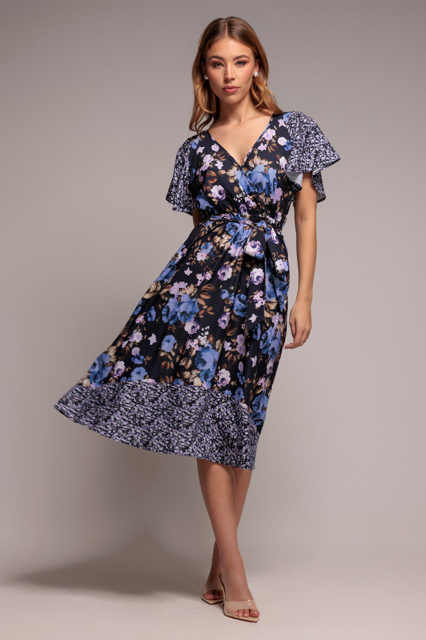 Flutter Sleeve Printed Midi Dress - Navy Print DR3462