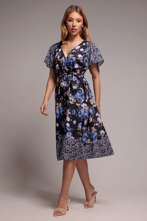 Flutter Sleeve Printed Midi Dress - Navy Print by Goddiva