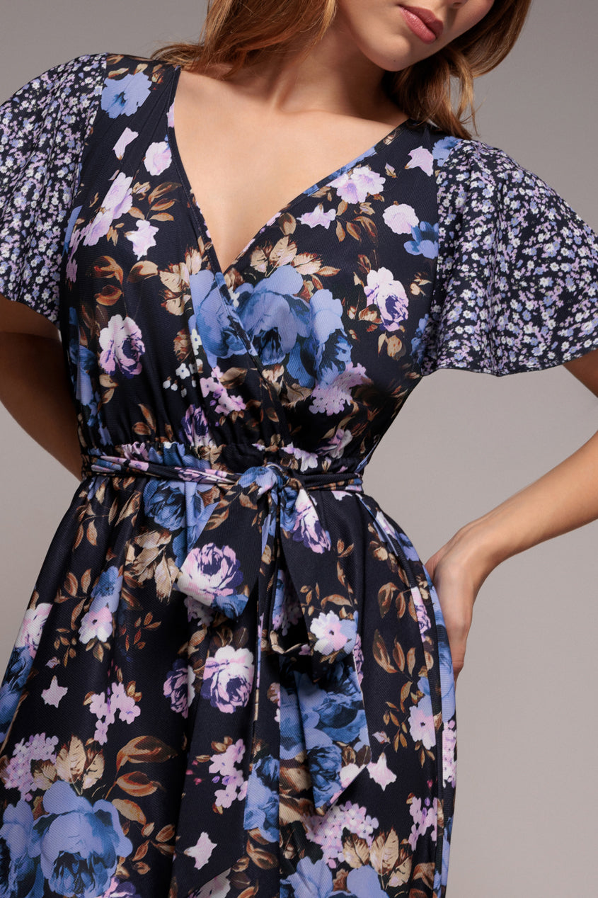 Flutter Sleeve Printed Midi Dress - Navy Print DR3462