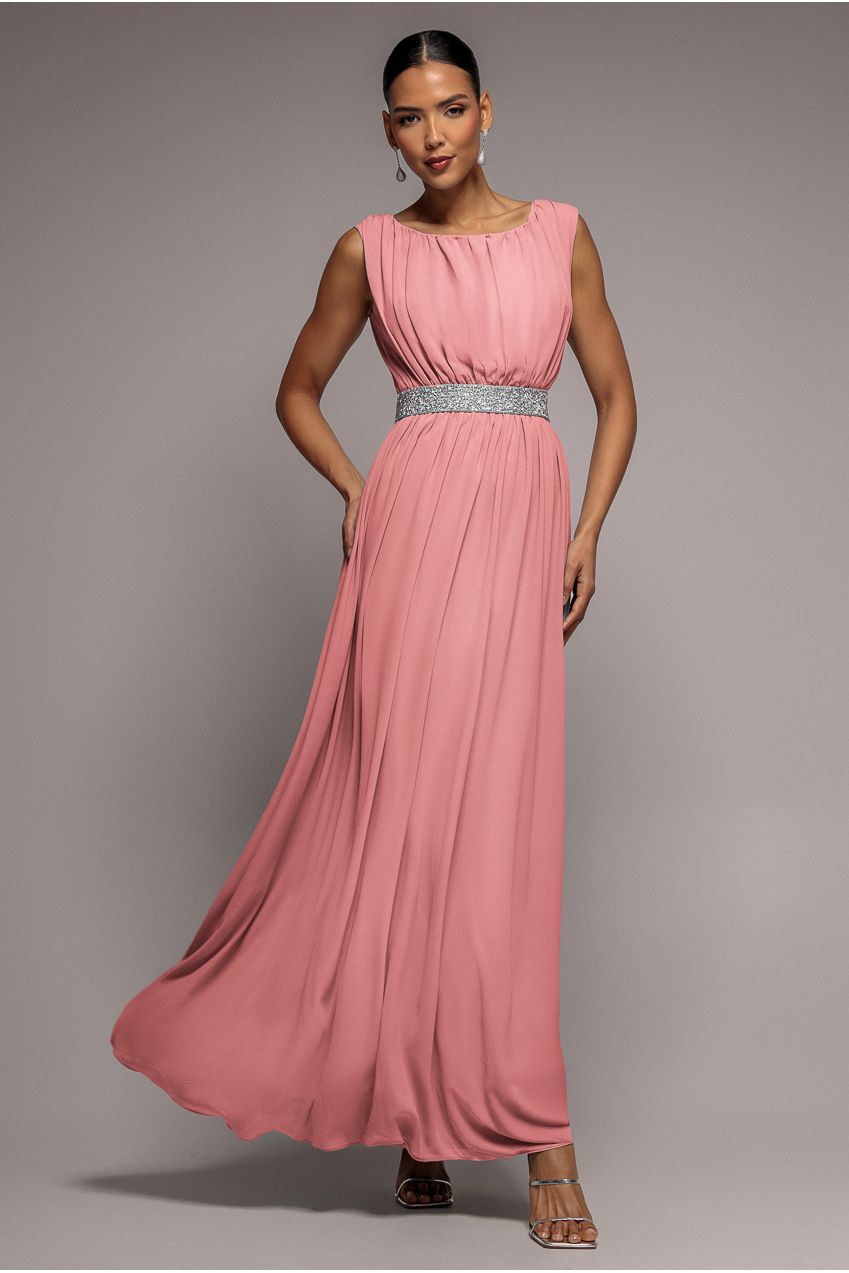 Chiffon Maxi With Embellished Belt - Peach DR3472
