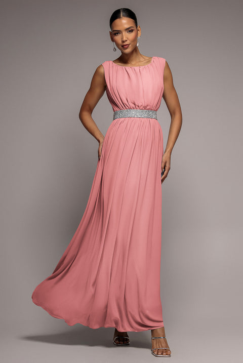 Chiffon Maxi With Embellished Belt - Peach by Goddiva