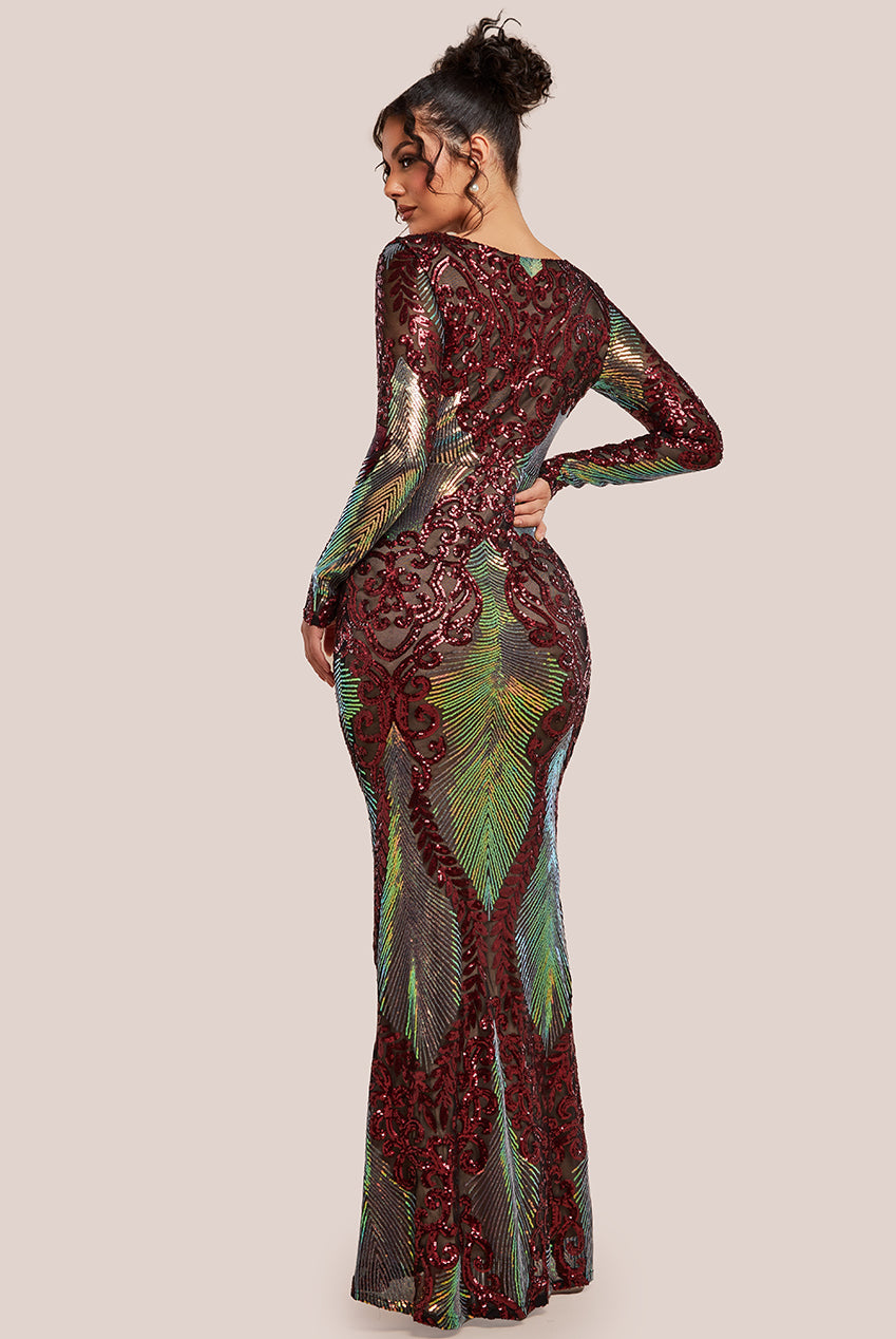 Contrast Sequin Long Sleeve Maxi Dress - Wine DR3475